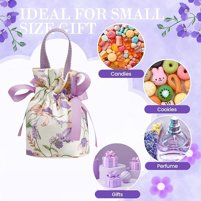 Liobelon 8 Pieces Floral Mini Gift Bags with Handles 14x9.5x6cm/5.5x3.7x2.3inch Canvas Candy Bag Tea Party Favor Bags for Party, Wedding, Bridal Shower, Valentine's Day, Mother's Day Jewelry Bag