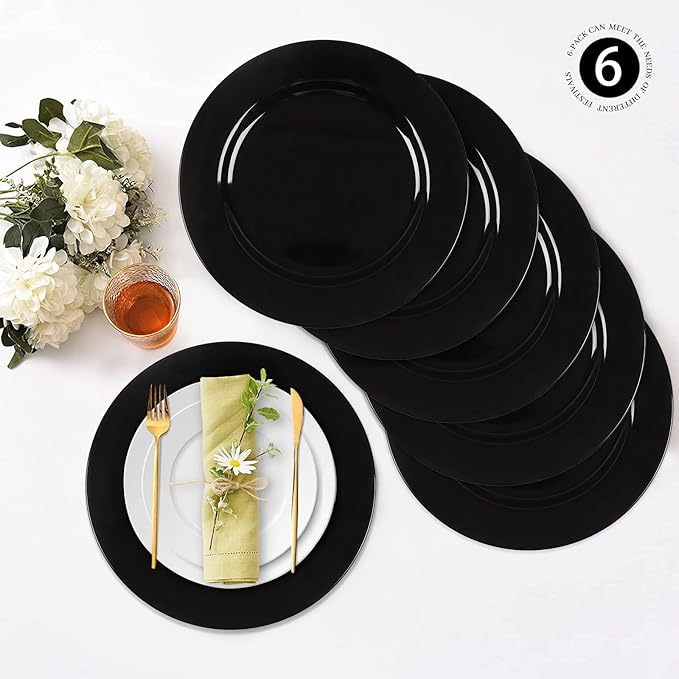 MAONAME Black Charger Plates Set of 6, 13-Inch Round Plate Chargers for Dinner Plate, Plastic Table Chargers for Wedding Decor, Party