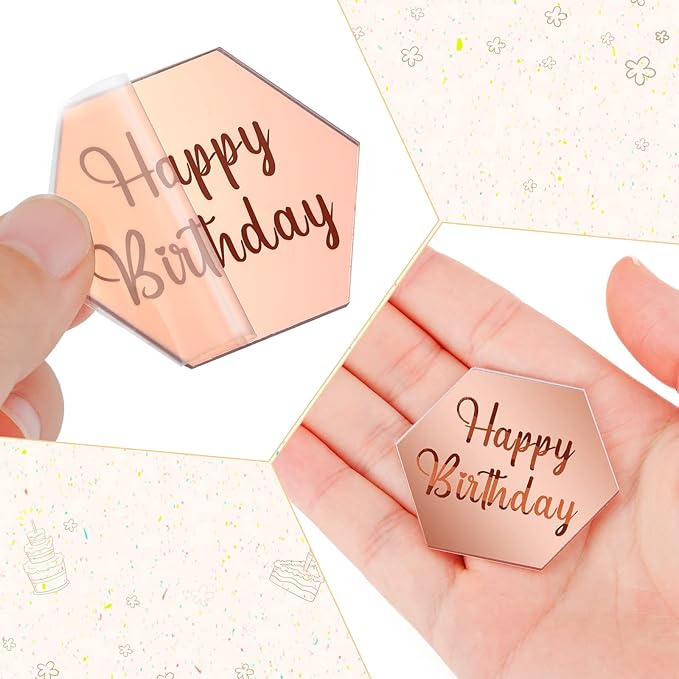 Qunclay 30 Pcs Happy Birthday Acrylic Cake Toppers, Mirror Acrylic Cupcake Toppers, 3 Multi-shape & Gold Rose Gold Silver Cupcake Picks for Birthday Party Pastries Decor DIY Supplies(Hexagon)