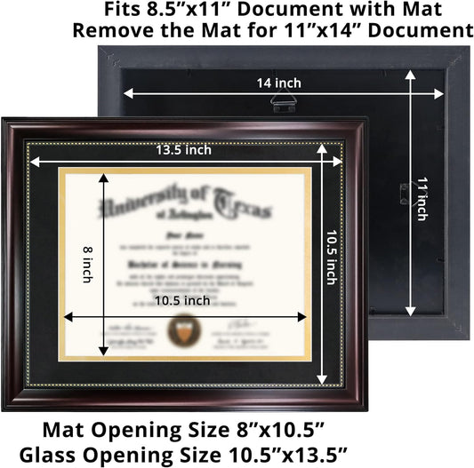 GraduationMall 8.5x11 Diploma Frame with Black over Gold Mat or Display 11x14 Document without Mat, UV Protection Acrylic, Mahogany with Gold Beads