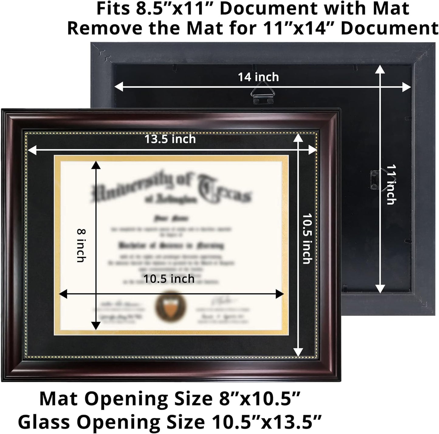 GraduationMall 8.5x11 Diploma Frame with Black over Gold Mat or Display 11x14 Document without Mat, UV Protection Acrylic, Mahogany with Gold Beads, Set of 2
