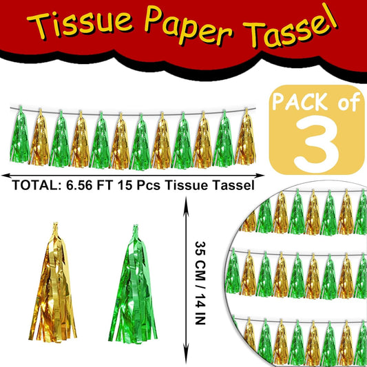 3P Sage-Green Gold Tassel Banner Garland Metallic Foil Fringe Banner Tinsel Tassels Streamer Banner Backdrop for Parade Floats, Graduation Decorations, Woodland Party Decoration