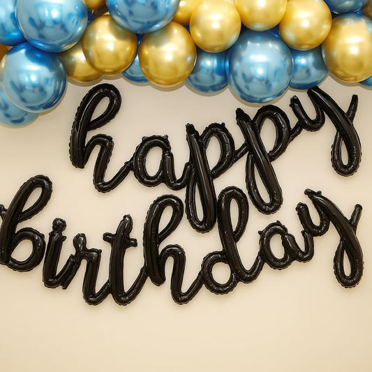 Black Happy Birthday Balloons Banner | Script/Cursive Silver Letter Balloon Sign for Birthday Party Decor/Decoration | Foil Mylar Happy Birthday Banner