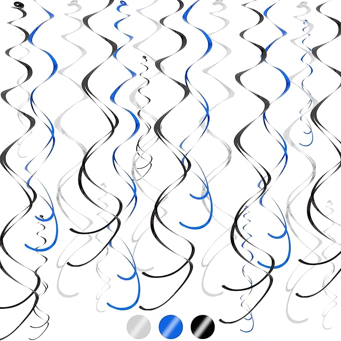 BEISHIDA Navy Blue Black and Silver Hanging Swirls Party Decorations Plastic Streamer for Ceiling, Graduation Men Retirement Birthday Hanging Party Supplies, Pack of 20