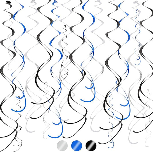 BEISHIDA Navy Blue Black and Silver Hanging Swirls Party Decorations Plastic Streamer for Ceiling, Graduation Men Retirement Birthday Hanging Party Supplies, Pack of 20