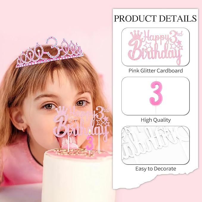 3rd Birthday Decorations for Girls - Pink Birthday Crown, Glitter Sash, Number 3 Candles and Cake Toppers for Girls 3 Year Old Party Supplies Outfit Gift