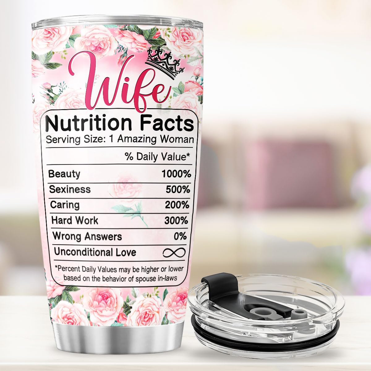 Romantic Floral Wife Gift Tumbler, Rose Design with Funny Nutrition Facts, 20oz Insulated Stainless Steel Cup for Her, Ideal Anniversary, Birthday, Valentine or Christmas