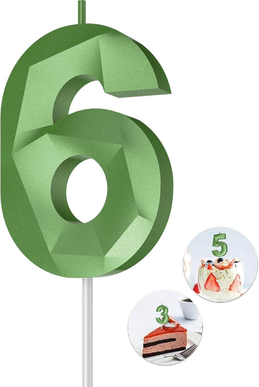 Number Birthday Candles(6 Candle Green) 3D Diamond Shape Number Happy Birthday Cake Candles for Birthday Party Wedding Decoration Reunions Theme Party