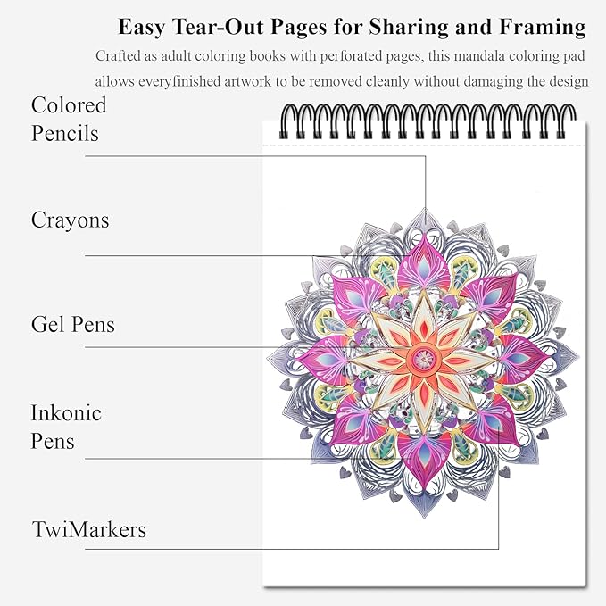Mandala Coloring Book for Adults Hardcover: 50 Unique Designs Spiral Coloring Book for Adults with Perforated Pages. (Mandala Designs, 9 x 12 inches, 50 Sheets)