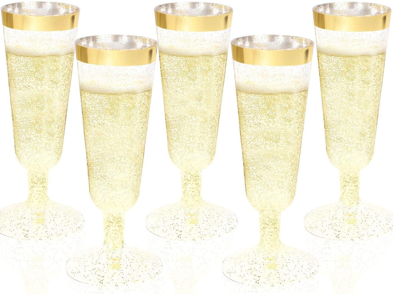 WDF Champagne Flutes, 36 Pack Gold Plastic - Glitter, Disposable Champagne Flutes for Party/Wedding/Thanksgiving, 6oz, BPA Free