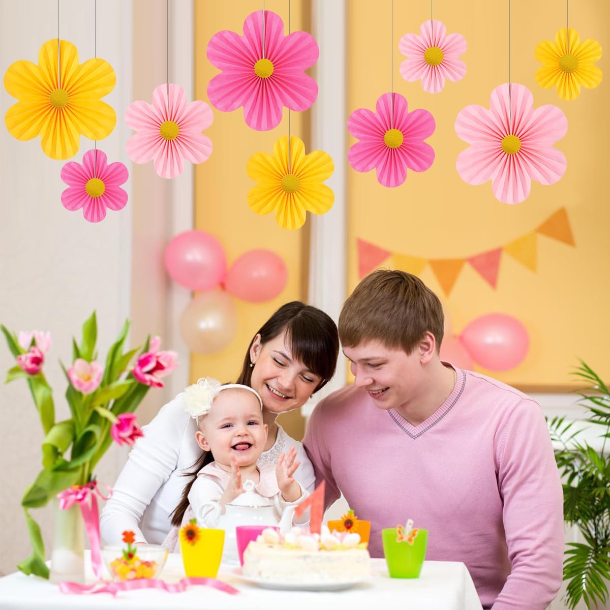 Pink Party Decorations Paper Flowers Decorations for Wall Classroom Paper Fans Floral Backdrop Flower Wall Decor Pack of 9 Pink Yellow