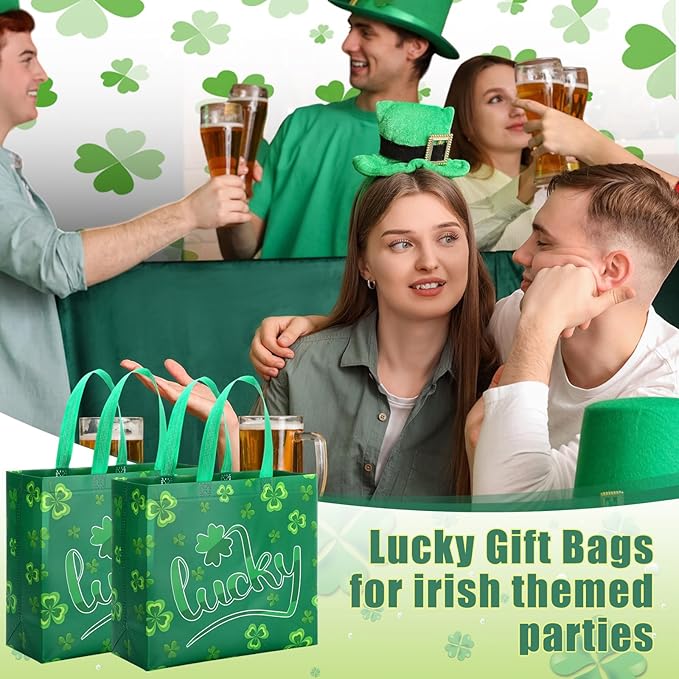 Abbylike 30 Pack St Patrick's Day Lucky Gift Bag Bulk Large Irish Gift Shamrock Clover Non Woven Goodie Bag for Party Favor