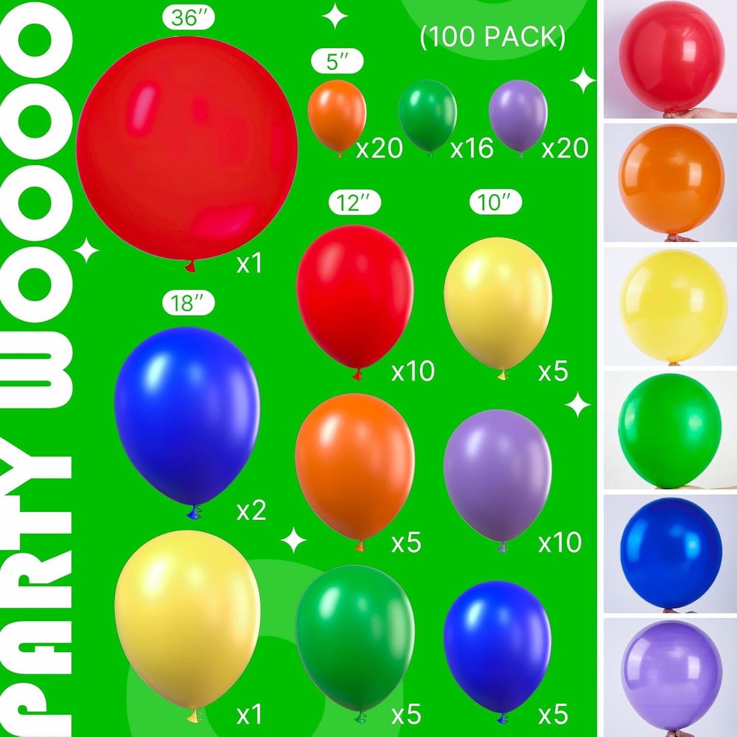 PartyWoo Rainbow Balloon Arch Kit Garland 100 pcs Different Sizes of 36 18 12 10 5 Inch Multicolor Latex Colorful Balloons Assorted Primary Colors for Graduation Baby Shower Birthday Party Decorations