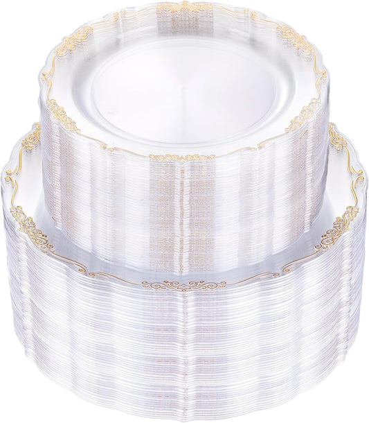 U-QE 100PCS Clear Gold Plastic Plates - Disposable Heavy Duty Clear Plates with Gold Rim Including 50PCS 10'' & 50PCS 7.5'' Perfect for Party, Weddings