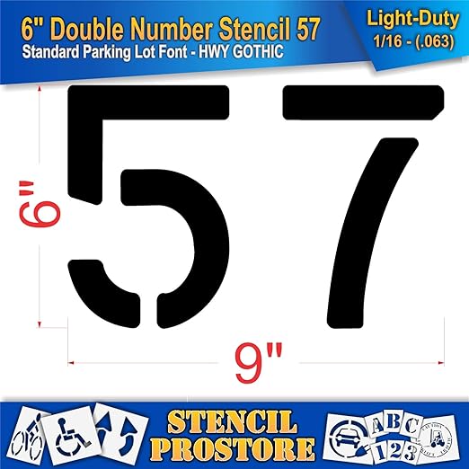 Pavement, Curb, and WheelStop Stencils - 6 inch Double Number Stencil - (57) - 6" x 9" x 1/16" (63 mil) - Light-Duty
