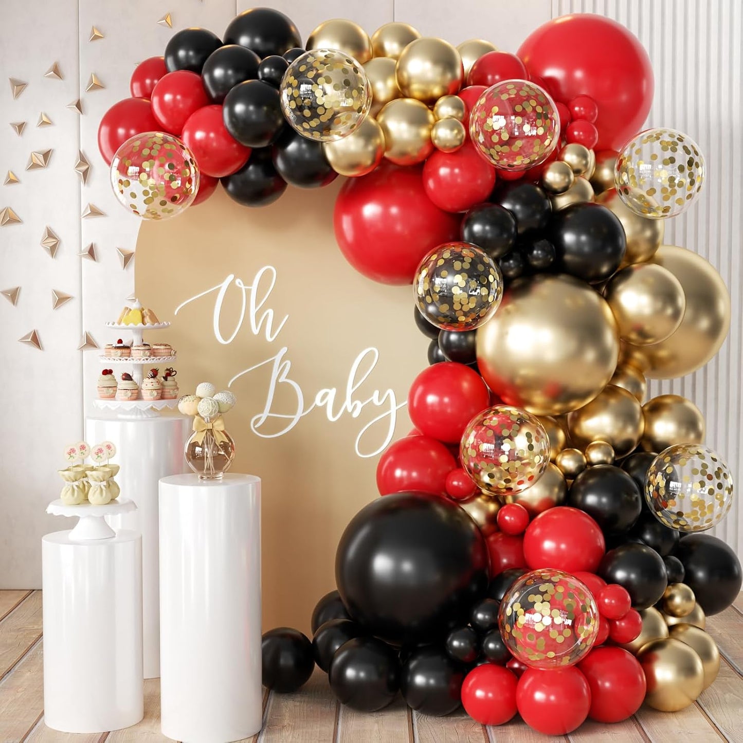 155Pcs Red Black Gold balloons Garland Arch Kit with Gold Confetti Balloons for Graduation Anniversary Casino Night Hollywood New Years Movie Night Birthday Decorations