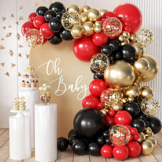 Red Black Gold Balloons Arch Kit with Gold Confetti, 166Pcs Red Gold Black Balloons Garland for Birthday Wedding Anniversary Movie Casino Night Hollywood New Years Festival Decorations