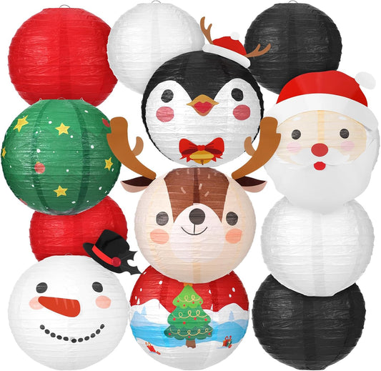 Bencailor 12 Pcs Christmas Hanging Paper Lanterns Set Decorative Christmas Party Lanterns Round Hanging Lamps for Xmas Home Decoration Supplies Props Holiday Decor (Elk,12 Inch, 10 Inch, 6 Inch)