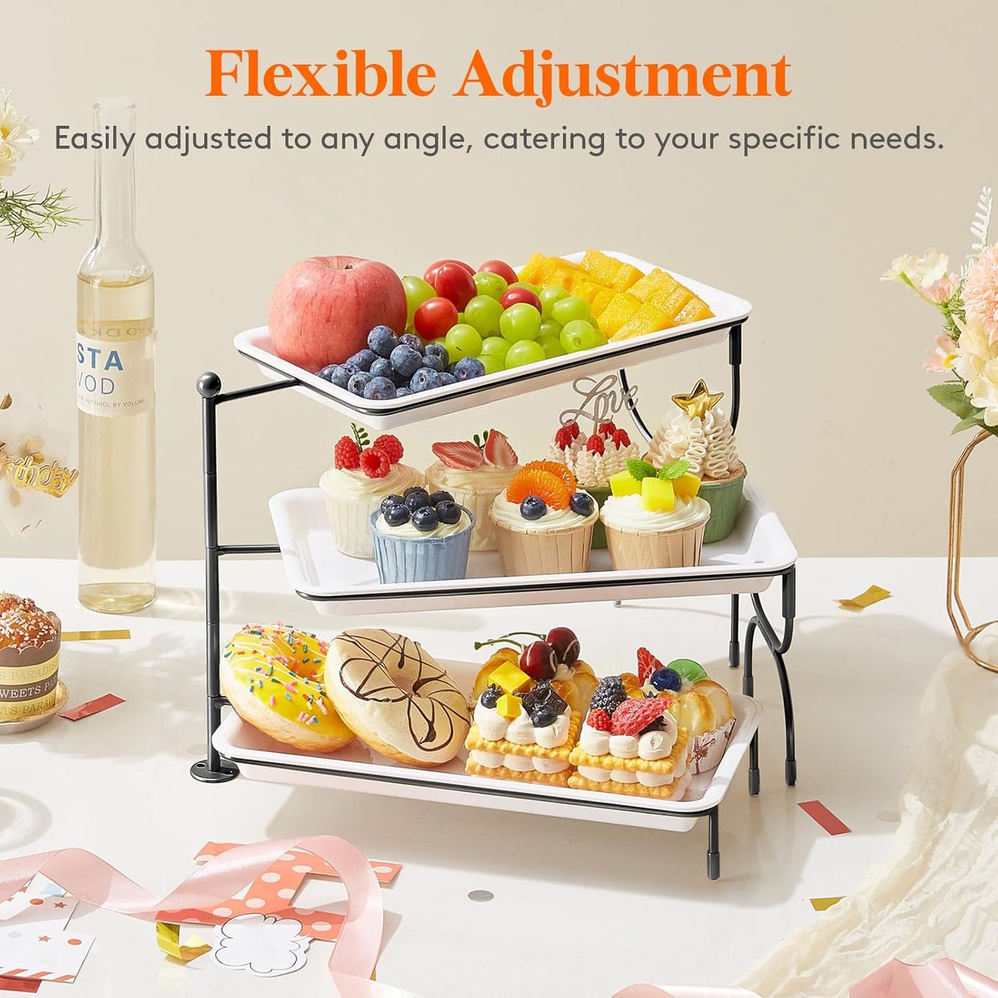 Lifewit 3 Tier Serving Tray, 12" x 6.5" White Plastic Tiered Food Serving Platters, Rotatable Tiered Tray Stand for Party with Black Collapsible Metal Stand, Dessert Table Stands for Cookies, Crackers