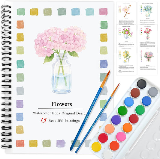 SLWBZ Watercolor Workbooks Coloring Book, Beginner Friendly Painting Kit, Detailed Steps, Creative Exploration Watercolor Book with Paint Set for Adults Teens (Pink Hydrangea, with Paint)