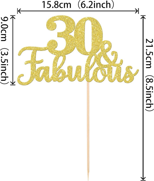 1 PCS 30 & Fabulous Cake Topper Gold Glitter 30th Birthday Anniversary Cake Pick Decoration for 30th Birthday Wedding Anniversary Party Decorations Happy 30th Birthday Cake Decorations Supplies