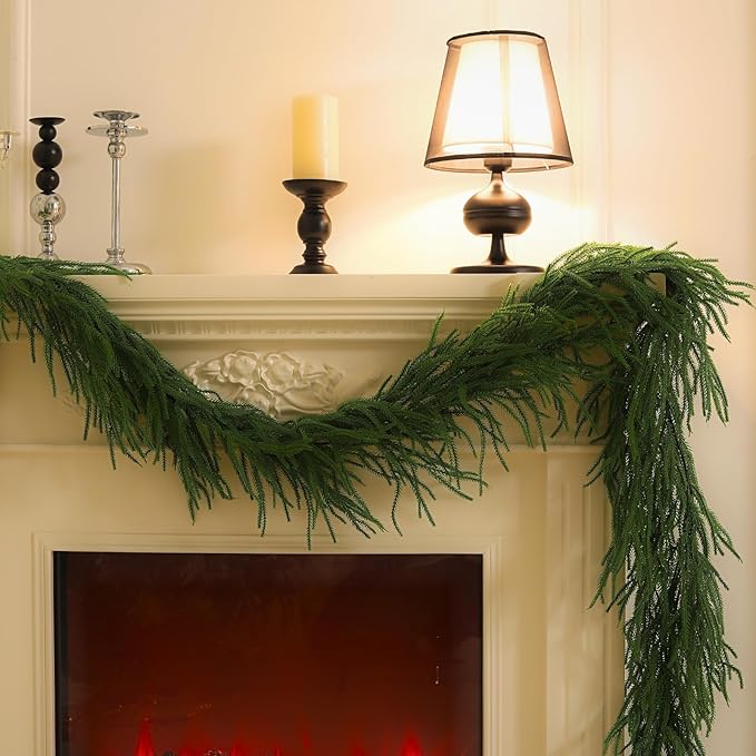 9FT Norfolk Pine Christmas Garland, Real Touch Artificial Greenery Garland for Indoor Outdoor Holiday Decor, Faux Pine Garland with Realistic Needles