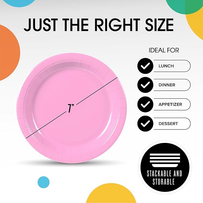 Exquisite Pink Paper Plates Disposable Heavy Duty 7 Inch Pink Disposable Plates For Party 100 Pcs Heavy Duty Paper Plate 350 GSM, Birthday Party Supplies Plate Set