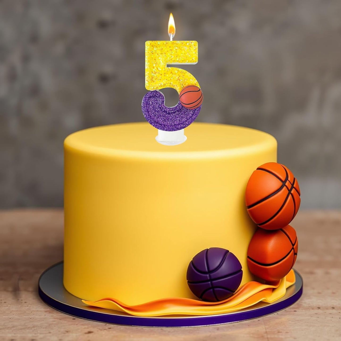 HXOUSE Basketball Number 5 Birthday Candles - Purple Gold Birthday Candles for Cake, 5 Candle for Basketball Theme Cake Topper, Boys Sport Party Decorations Gifts (No.5)