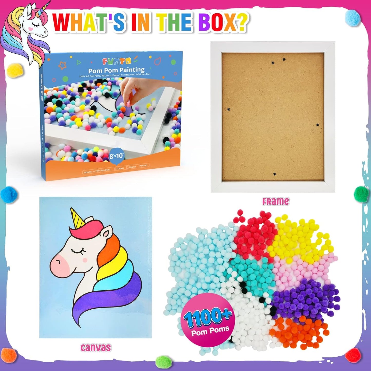 Funto Unicorn Pom Pom Painting Art Kit, 1100+ Pom Poms, Canvas and Sturdy Frame for Home Decor, Artistic Kid Crafts, Kids Painting Kit