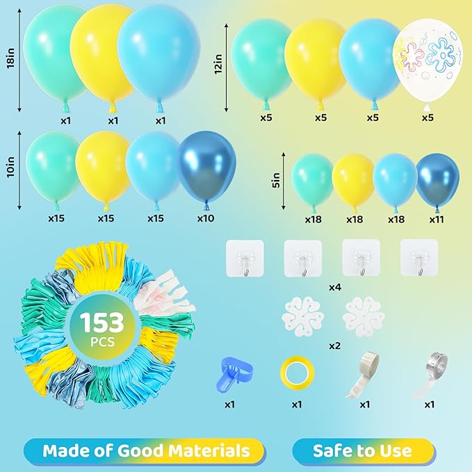 Amandir 153pcs Blue and Yellow Balloons Arch Garland Kit, Different Sizes 18 12 10 5inch Teal Metallic Blue Yellow Flower Printed Clear Balloons for Cartoon Birthday Sea Theme Shower Party Decorations