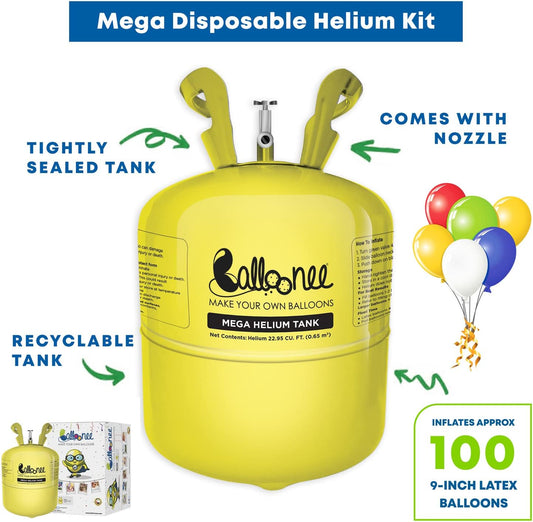 Mega Disposable Helium Party Kit, Helium Tank for Balloons At Home, 22.95 Cu Ft Helium Balloon Pump Kit, Inflate up to 100 Latex Balloons, Helium Tank, Portable for Celebrations