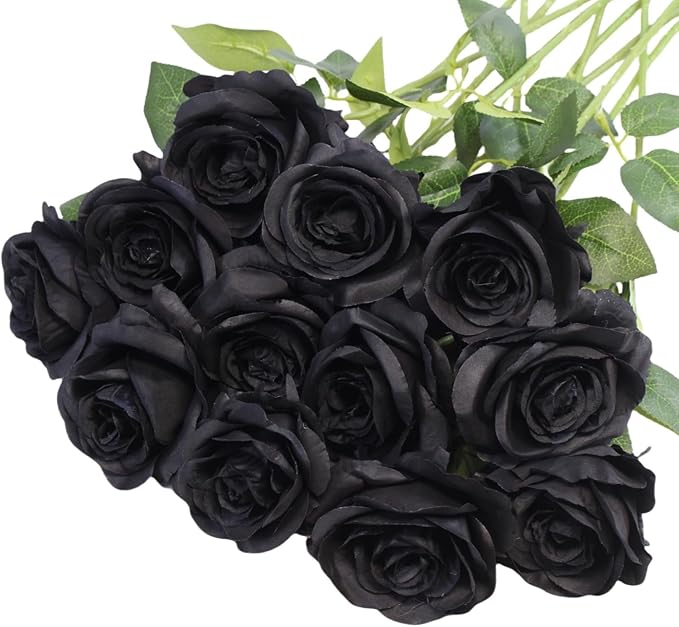 Black Artificial Roses Flowers, 12 Pcs Fake Rose in Bulk, Long Stem Realistic Silk Roses Bouquet for Centerpieces Flower Arrangement, Halloween Home Decor, Gothic Decoration (Black, 12-PCS)