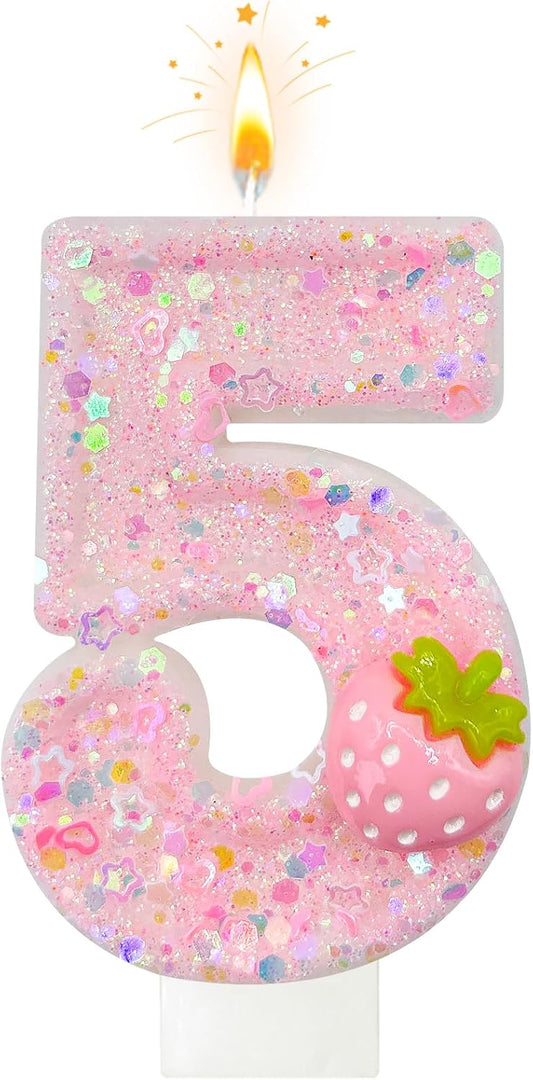 HXOUSE Strawberry Number 5 Birthday Candles - Pink Berry Birthday Candles for Cake, 5 Candle Topper for Anniversary Celebrations Supplies, Strawberry Party Decorations for Girl (No.5)