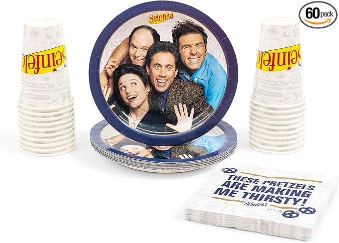 Silver Buffalo Seinfeld TV Series 60 Pack Partyware Disposable Paper Plates, Napkins, and Cups