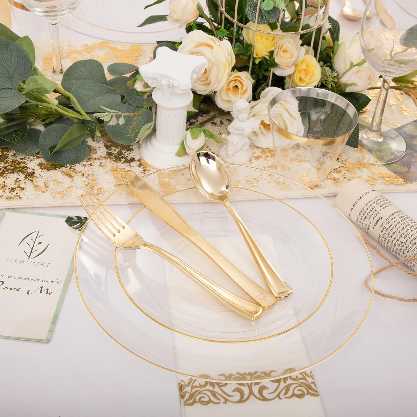 Nervure 100 Pieces Clear and Gold Plastic Plates - 10.25inch Gold Dinner Plate - Heavyweight Clear Disposable Plates Ideal for Party & Wedding & Thanksgiving