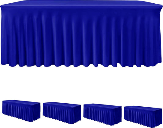 HolidayIdeas Royal Blue 8ft Rectangle Spandex Tablecloth 4 Pcs Fitted Stretch Table Skirts 30x96 Inch, Ruffle Design Wrinkle-Free Polyester Table Cover for Banquets,Trade Shows, Parties, Events