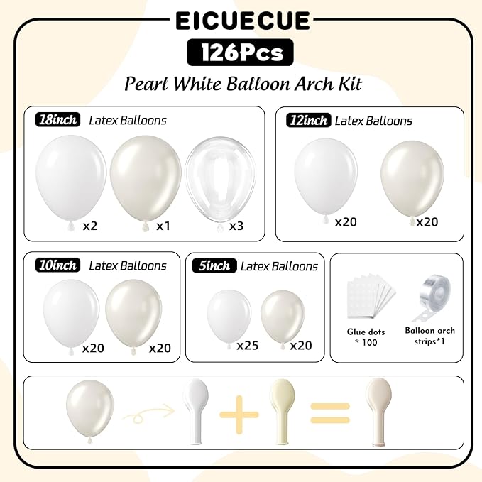 Pearl White Balloon Arch Kit - 126Pcs Different Sizes Double Stuffed Pearl White and Clear Balloons Garland Kit for Wedding Bridal Shower Engagement Birthday Baby Shower Party Decorations