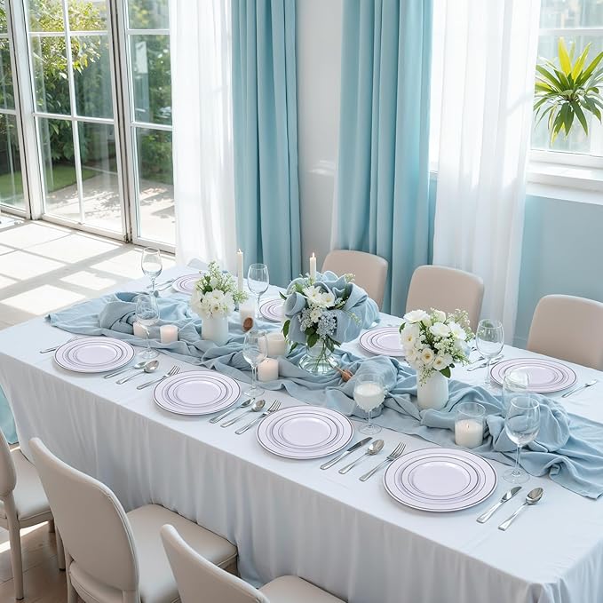 100PCS White Plastic Plates, 10 Inch Disposable Dinner Plate Party with Silver Rim, Heavy Duty Disposable Plastic Plates for Party, Wedding and Birthday