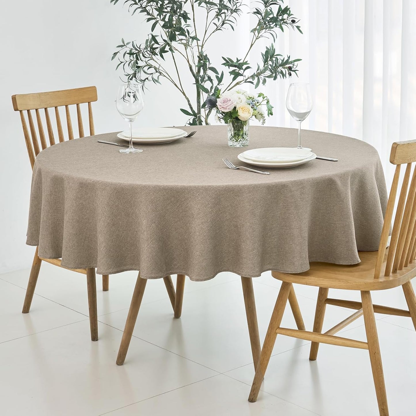 maxmill Round Linen Textured Tablecloth Spill-Proof Stainproof Wrinkle Free Washable Fabric Table Cloth for Circular Table Cover, Dining Room Buffet Banquet Parties Holiday Dinner, 70 Inch Mocha