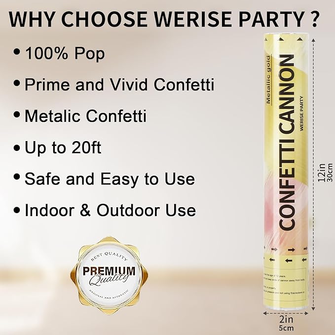 Gold Confetti Poppers Cannon, 6 Pack WERISE Party Gold Mylar Party Poppers Shooters for Birthday, Wedding, Graduation Valentines Day and Easter Celebration 12 Inch