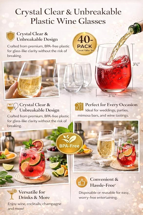 Oojami 40 Pack 12 Ounce Stemless Unbreakable Crystal Clear Plastic Wine Glasses (12 Ounces)
