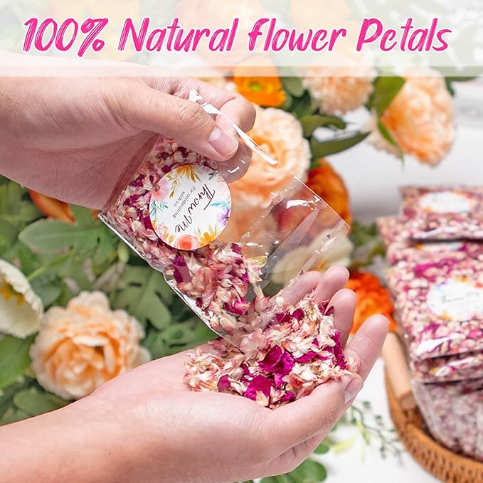50 Pack Real Dried Rose Flower Petals Biodegradable Confetti, Dried Mix Red Rose Begonia Pink Flower for Wedding Send-Off Ideas Flower-girl basket, Wedding Decor Confetti, Exit Ideas