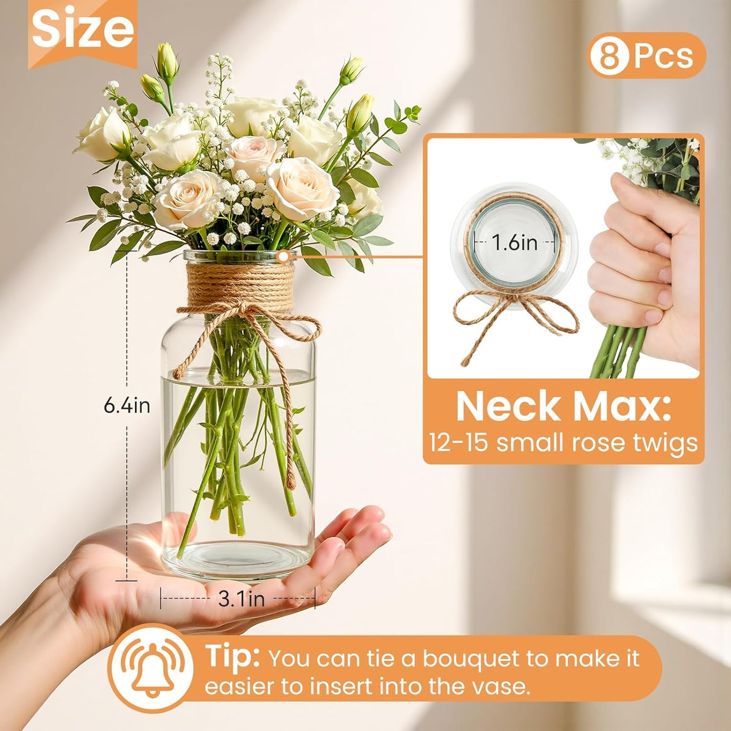 Vintage Glass Flower Vase Set of 8 Clear Vases with Hemp Rope for Farmhouse Wedding Centerpiece Cylinder Bottle for Reception Table Decoration Home Decor Floral Arrangements（Large）