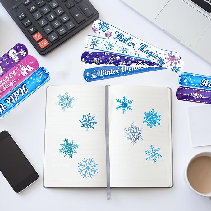 74Pcs Snowflake Theme Party Favors Contain 24 Pcs Snowflake Theme Slap Bracelets 50Pcs Snowflake Theme Stickers, Ice and Snow Theme Birthday Party Decorations