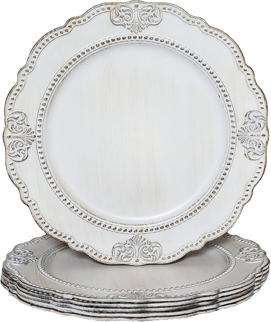 Spsyrine Antique White Charger Plates, Set of 6 Embossed Baroque Chargers for Dinner Plates, Wedding, Party