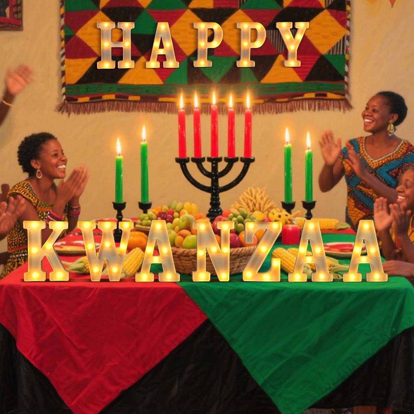 11 Pcs Happy Kwanza Large LED Letter Sign LED Lights Battery Powered Table Decorations for Party Favor Light Centerpiece Tabletop Decoration