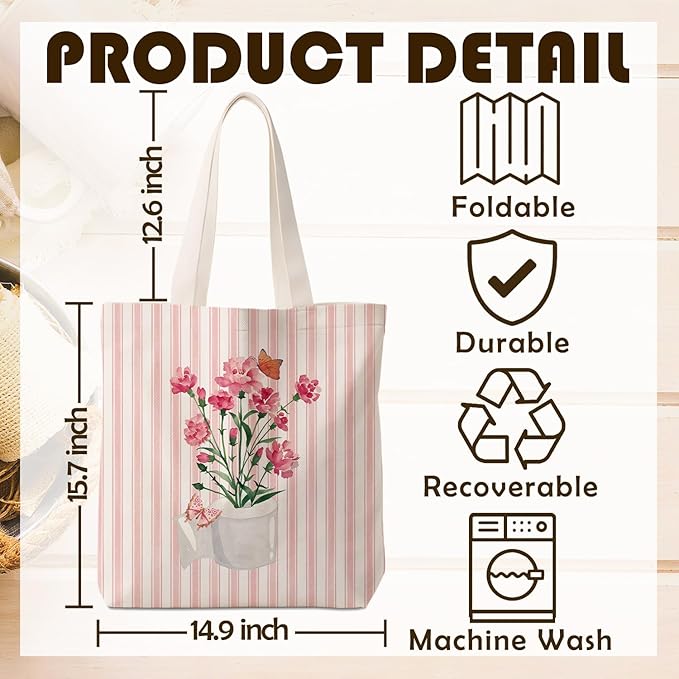 Pink Preppy Floral Aesthetic Tote Bag for Women,Printed Canvas Tote Bag for Girls,Pink Striped Watercolour Aesthetic Reusable Shopping Grocery Bags Party Favors
