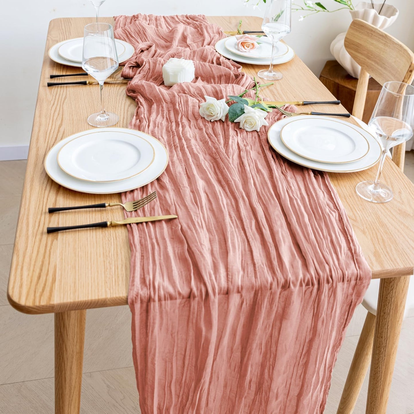 Wokceer Cheesecloth Table Runner Christmas 10FT Dark Rose Boho Gauze Fall Thanksgiving Cheese Cloth Table Runner for Party Long Rustic Sheer Table Runners for Baby Bridal Shower Wedding Easter Table