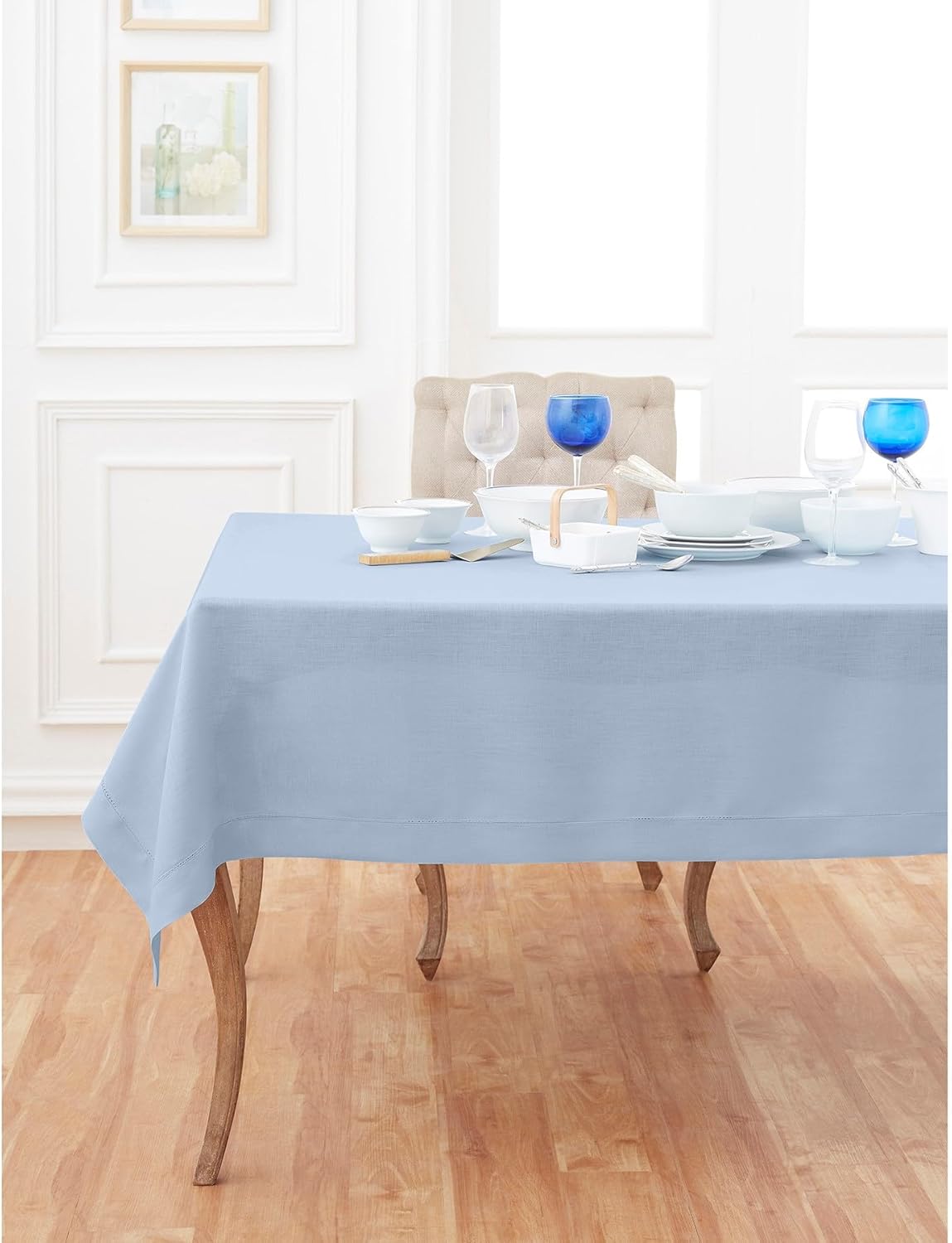 Solino Home Linen Tablecloth 60 x 144 Inch - Classic Hemstitch 100% Pure Linen Sky Blue Table Cloth for Rectangle Tables - Machine Washable Tablecloth for Christmas