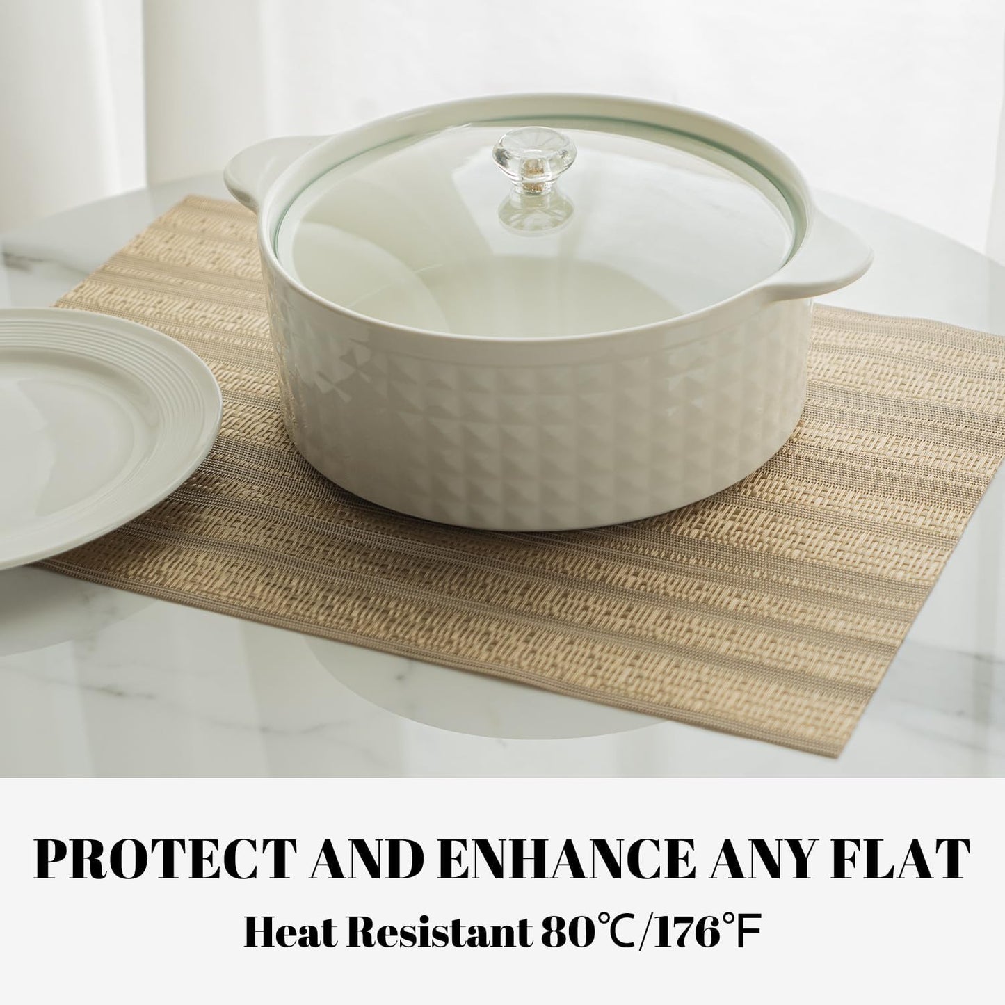 Placemats Set of 12 Vinyl/Plastic Woven Place Mats for Kitchen Table Indoor/Outdoor Washable Placemat Wipeable Dining Table Mats (Aurora Gold,12)